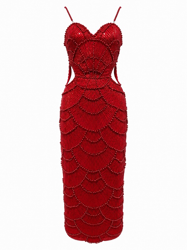 【新品DRESS 2005】パールビーディングサイドウエストカットタイトミディアムドレス レッド